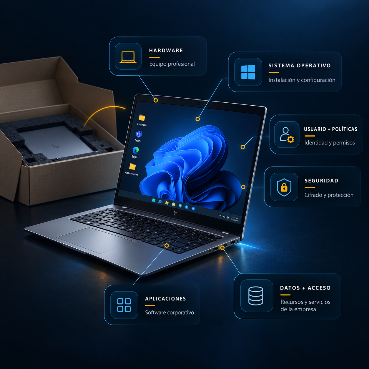Portátil profesional ya preparado con capas de hardware, sistema operativo, usuario, seguridad, aplicaciones y acceso a datos empresariales