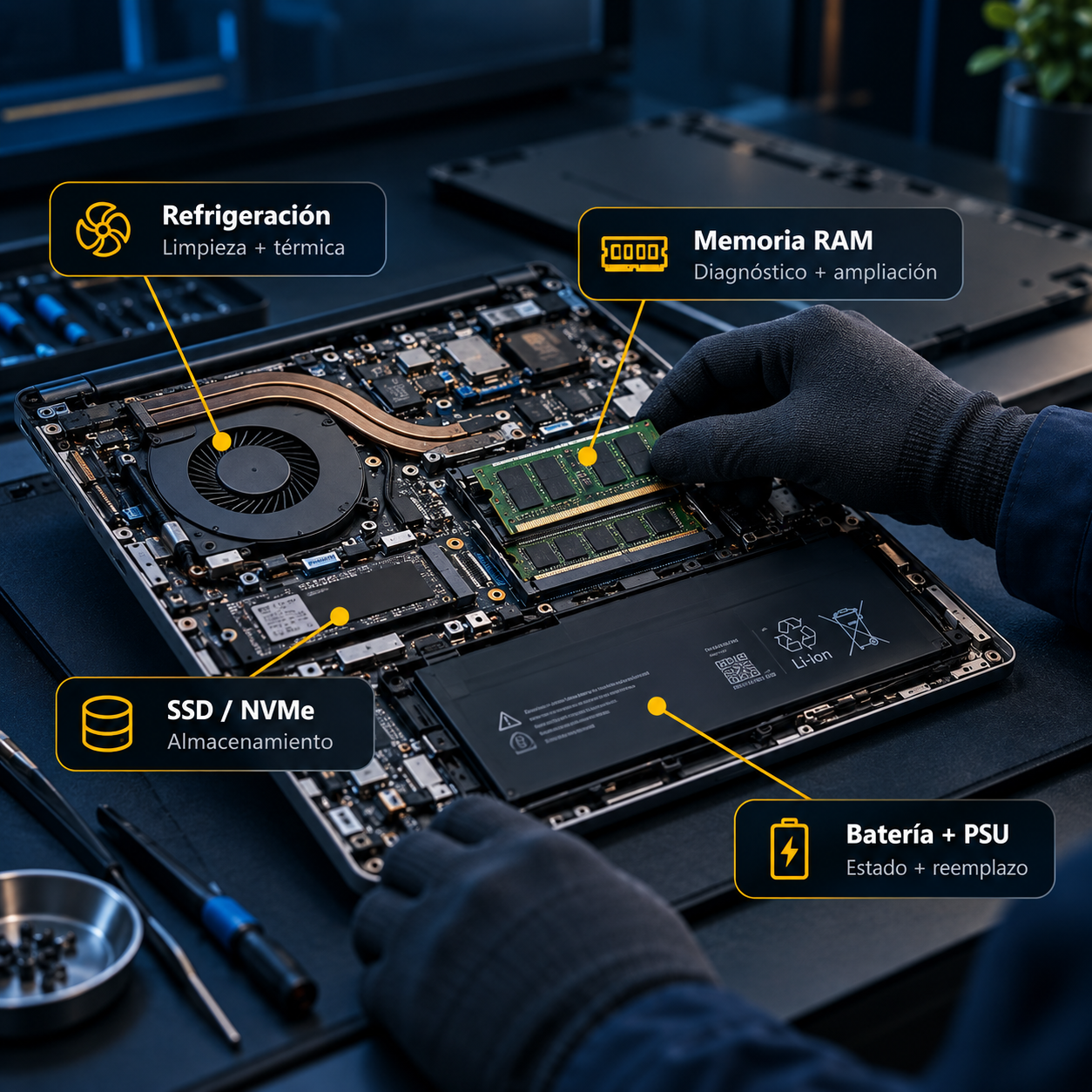 Portátil abierto en proceso de mantenimiento con zonas de refrigeración, memoria RAM, SSD NVMe y batería señaladas