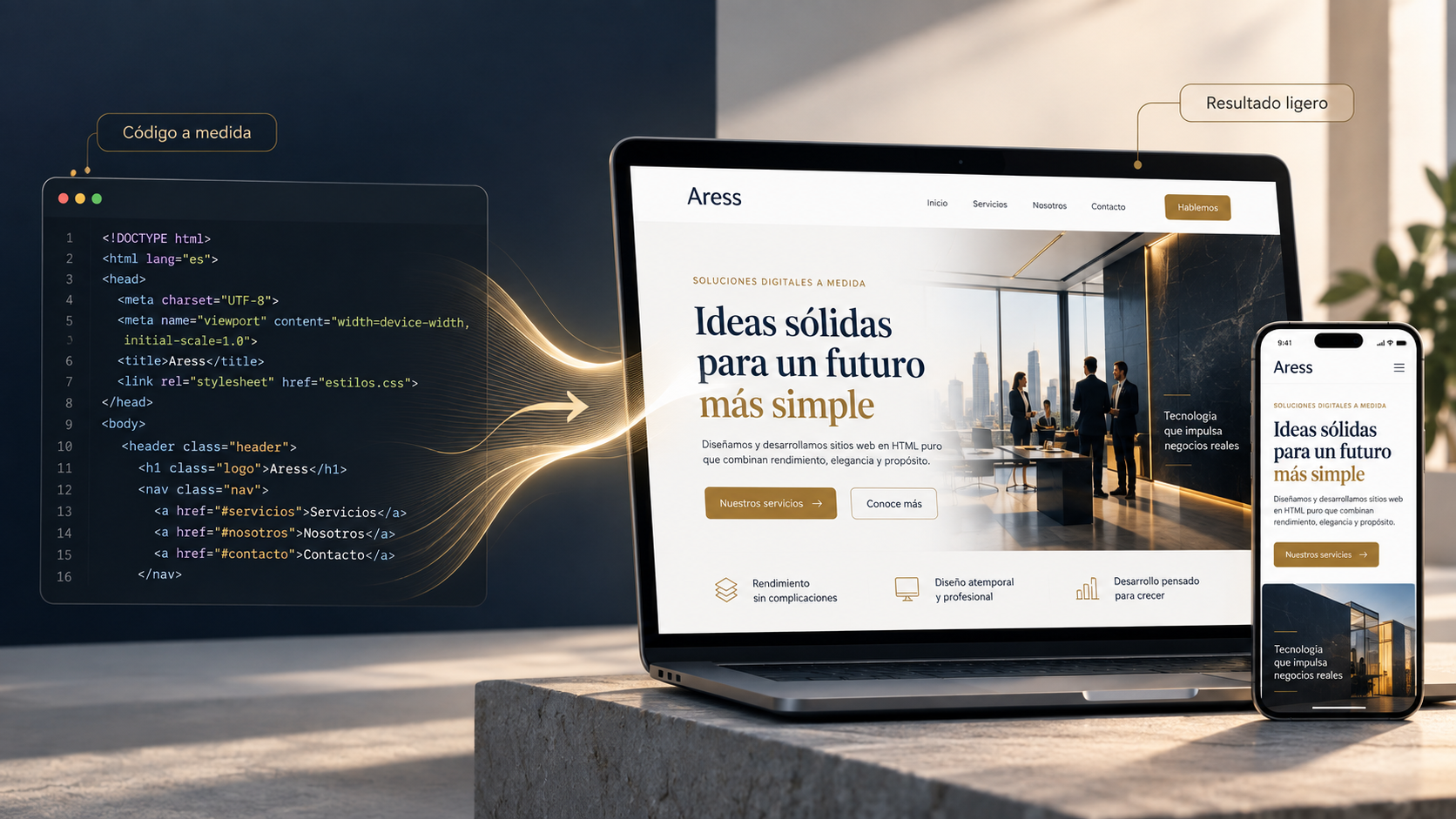 Ilustración de transición de código HTML a web corporativa final